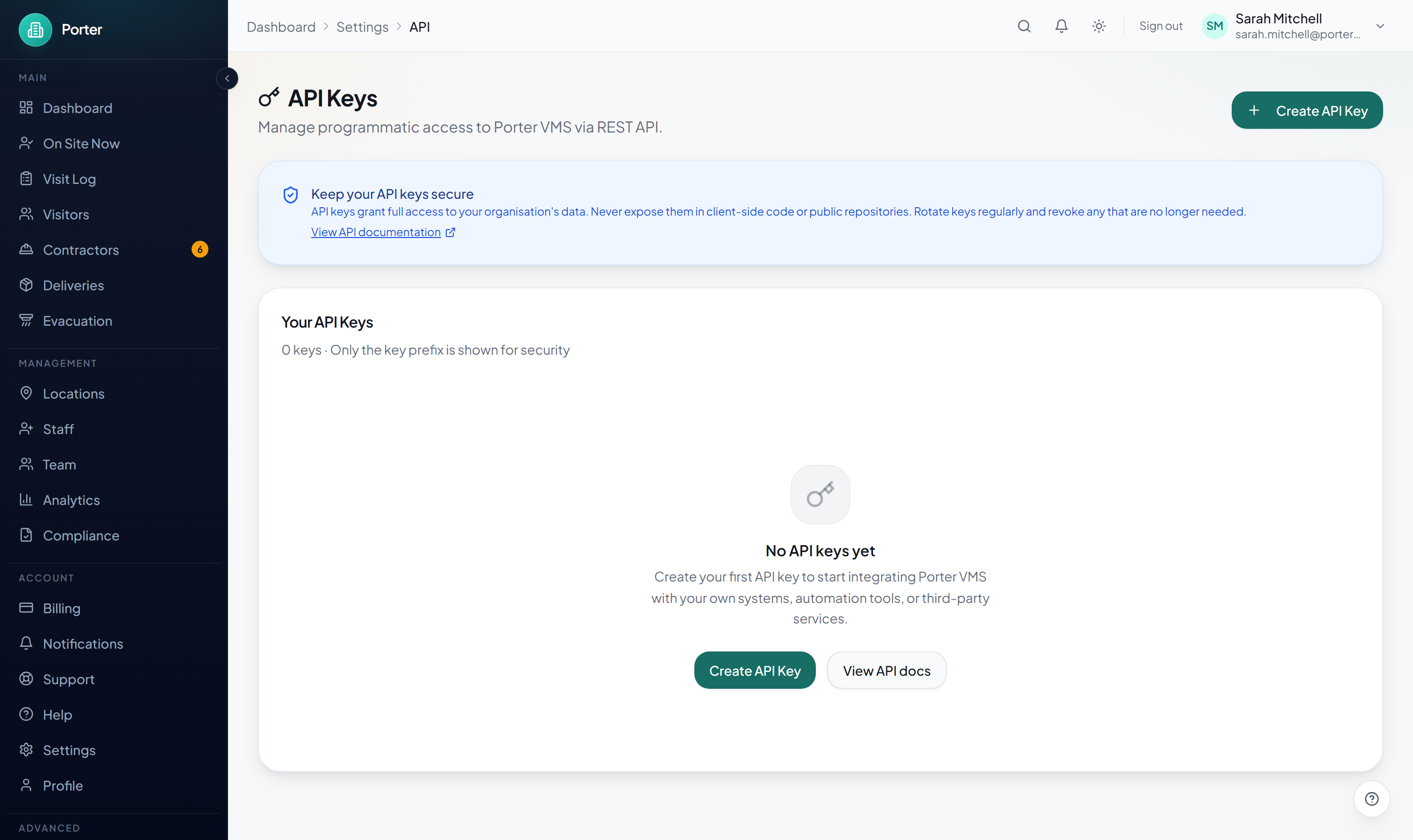 Porter API Keys settings page listing existing keys with a Create API Key button