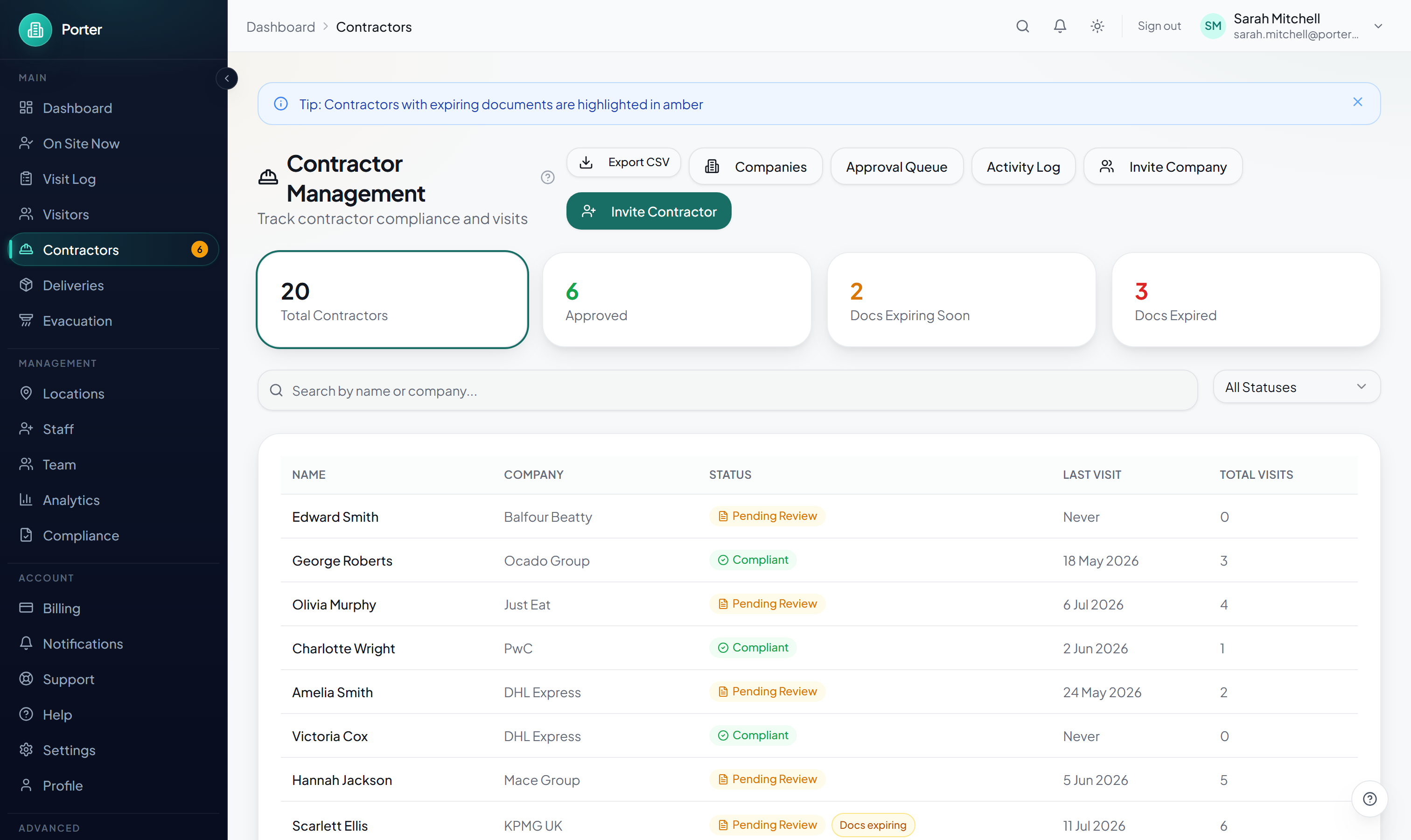 Contractors list showing each contractor's compliance status, document chips and last visit, with summary cards and a search and status filter