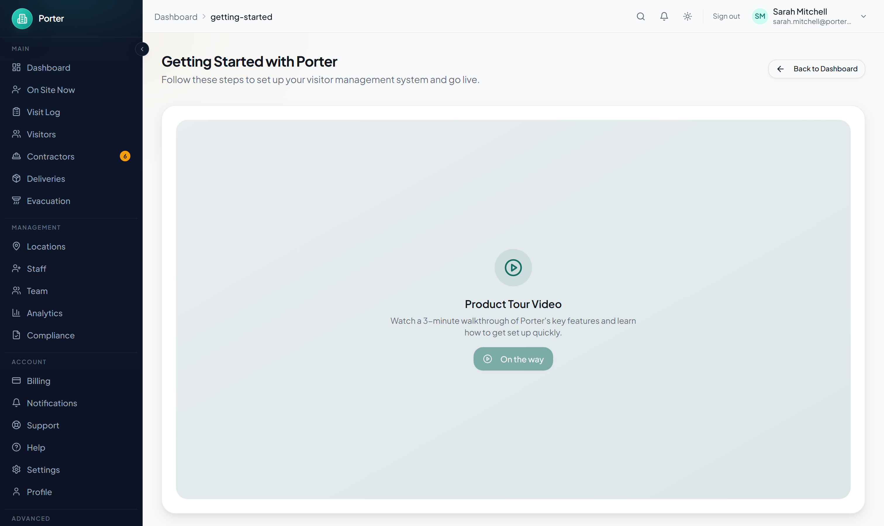 Porter's in-app getting-started setup checklist