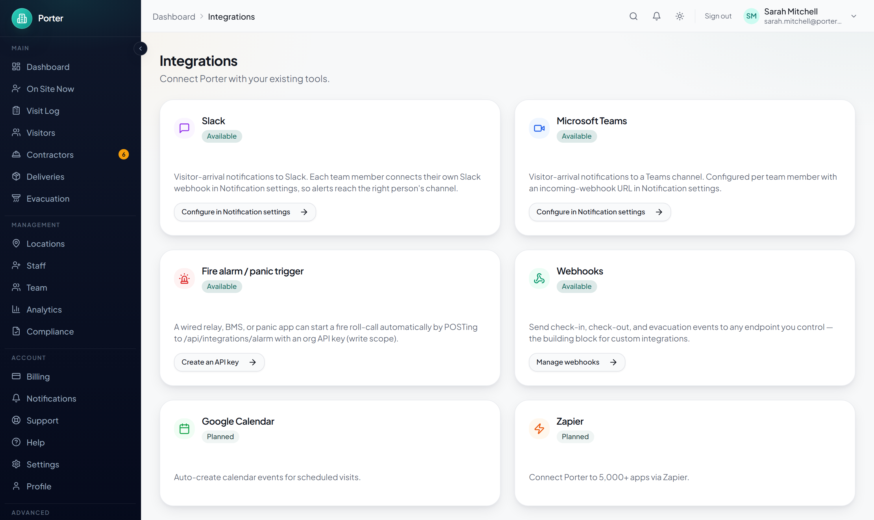 Porter Integrations page with cards for Slack, Microsoft Teams, a fire-alarm trigger, and webhooks