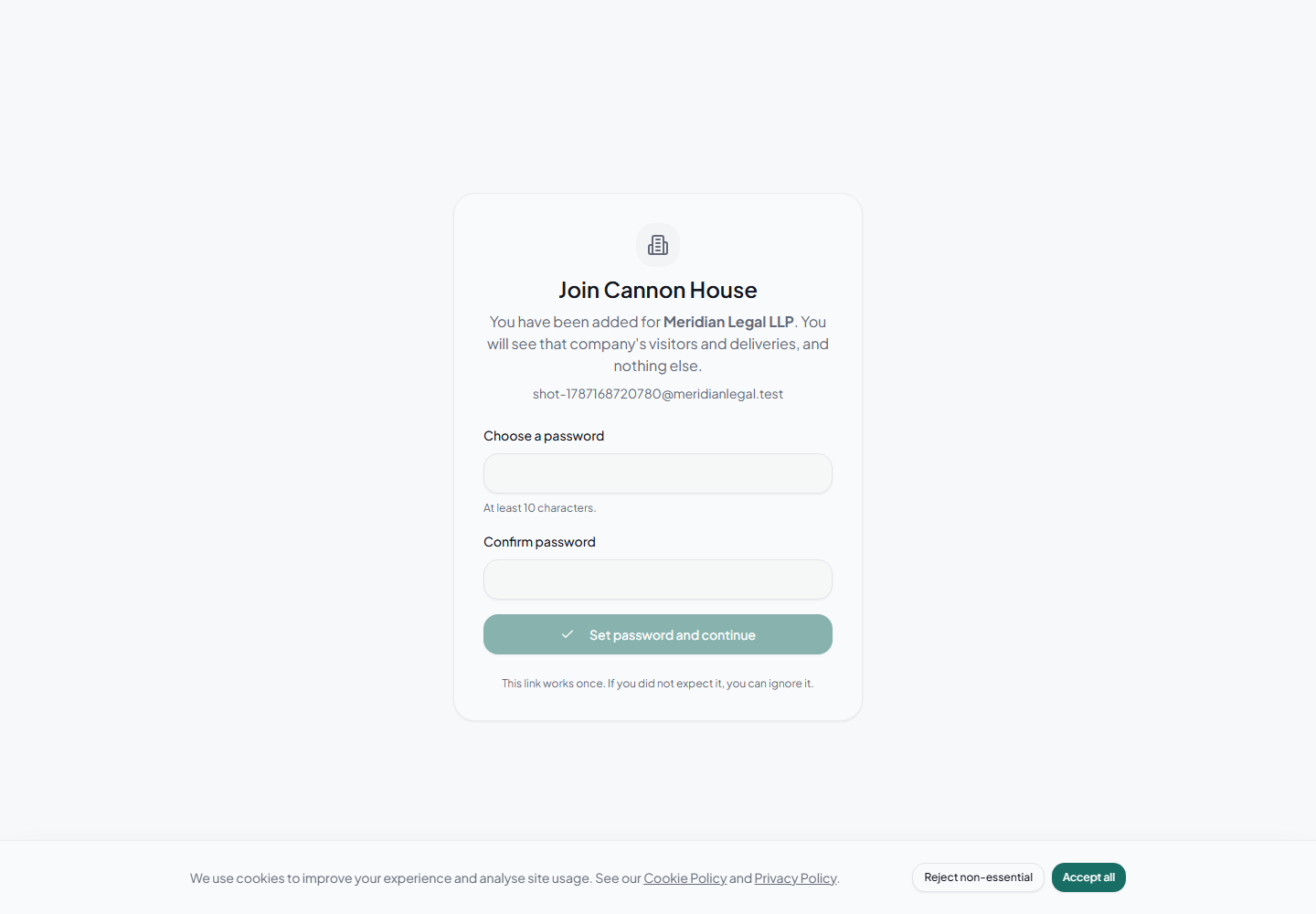 The Porter invitation page naming the building and the resident company, with fields to choose and confirm a password