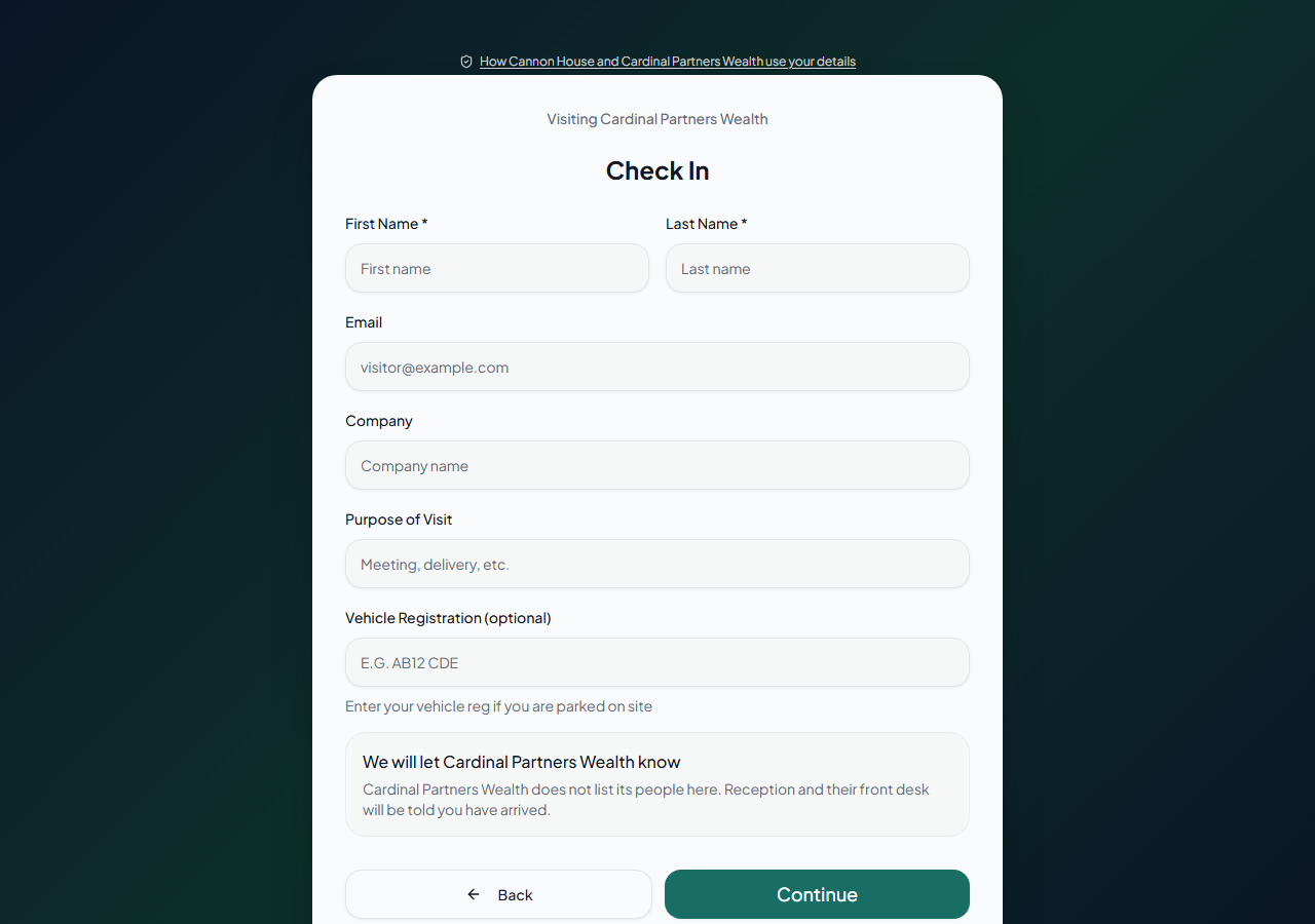 The Porter kiosk check-in form for a company that does not list its people, showing a message that the company will be told the visitor has arrived