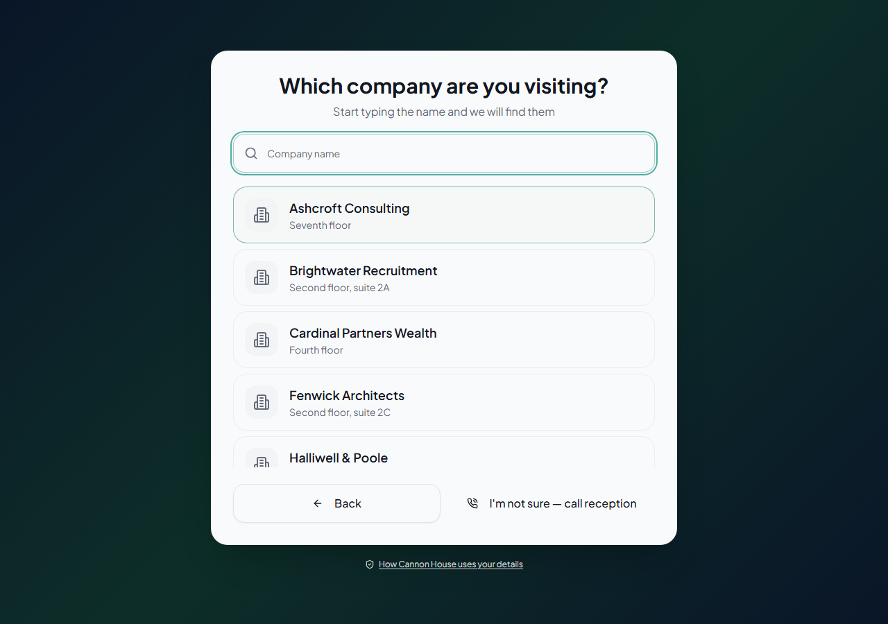 The Porter kiosk asking which company the visitor is here to see, with a search box and a list of resident businesses and their floors