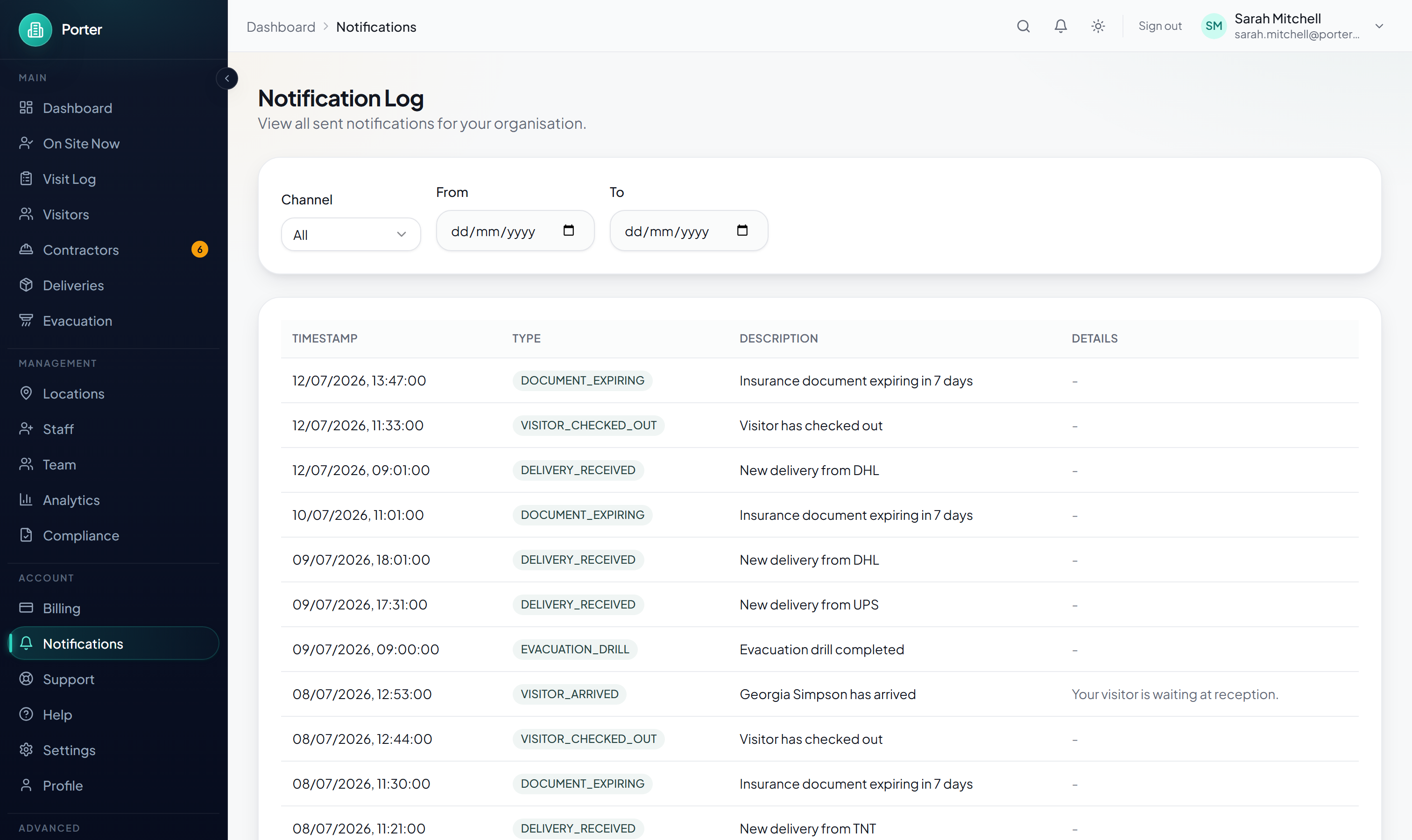 Notification Log page listing sent notifications with channel and date filters and a table of entries
