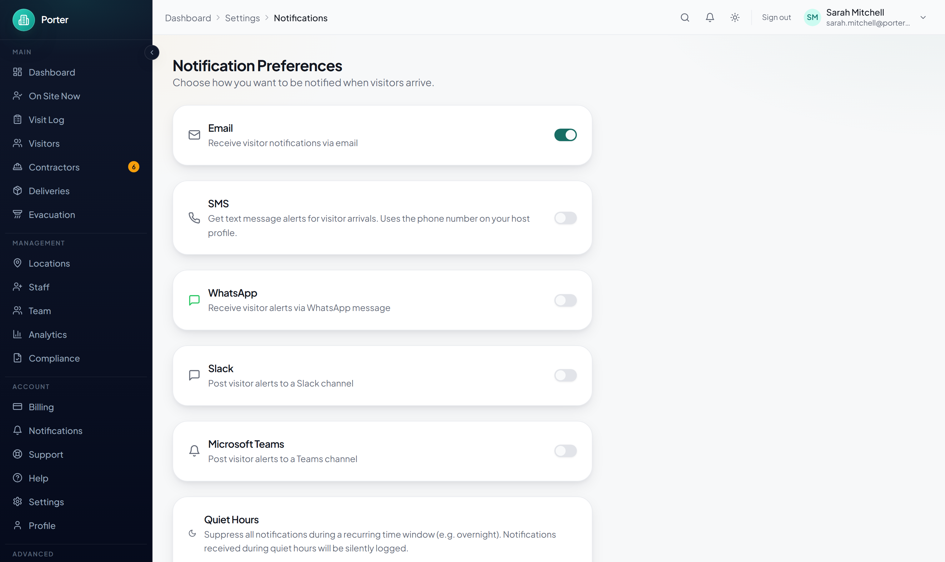 Notification preferences page with channel toggles for Email, SMS, WhatsApp, Slack, and Microsoft Teams, plus quiet hours