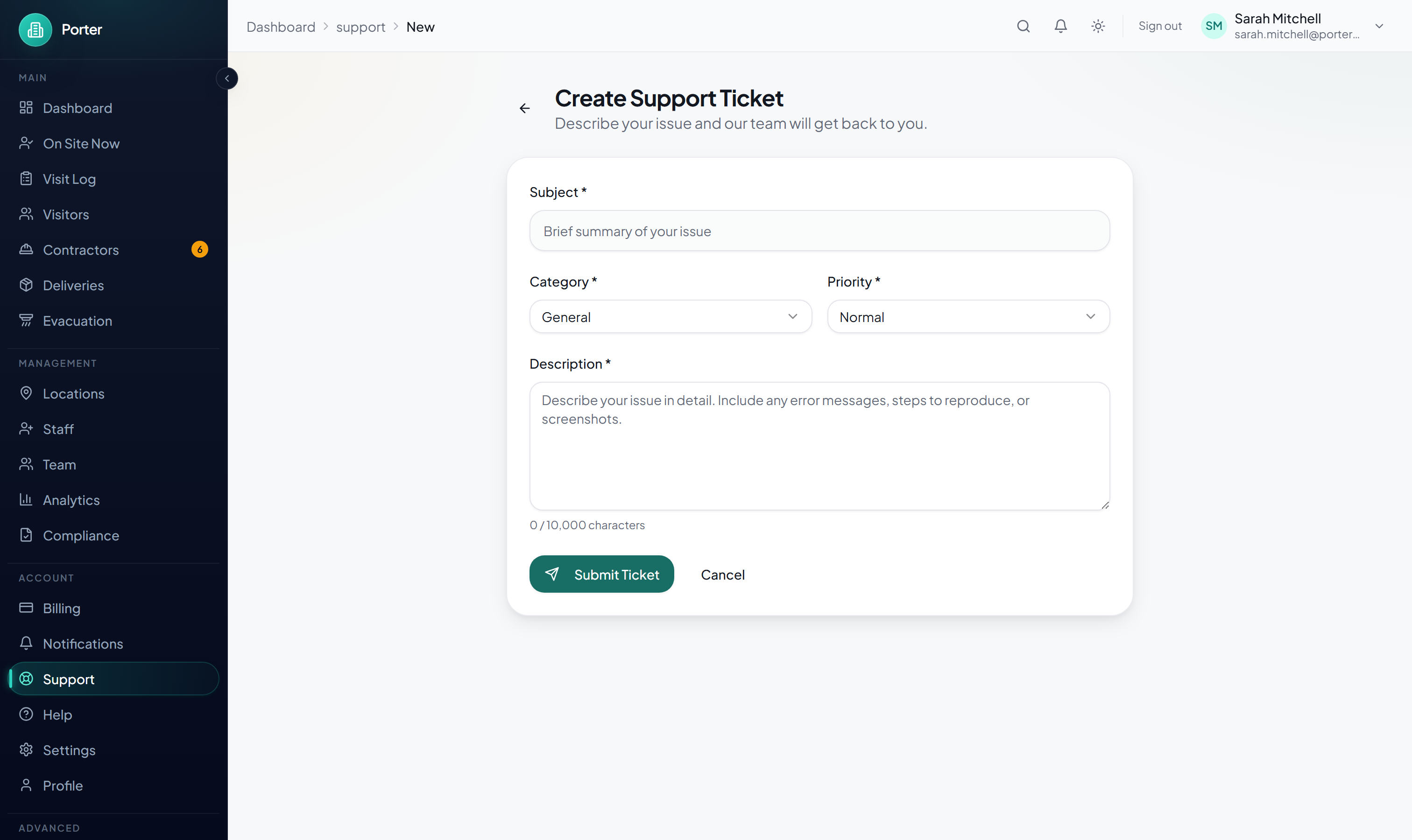Porter Create Support Ticket form with subject, category, priority and description fields