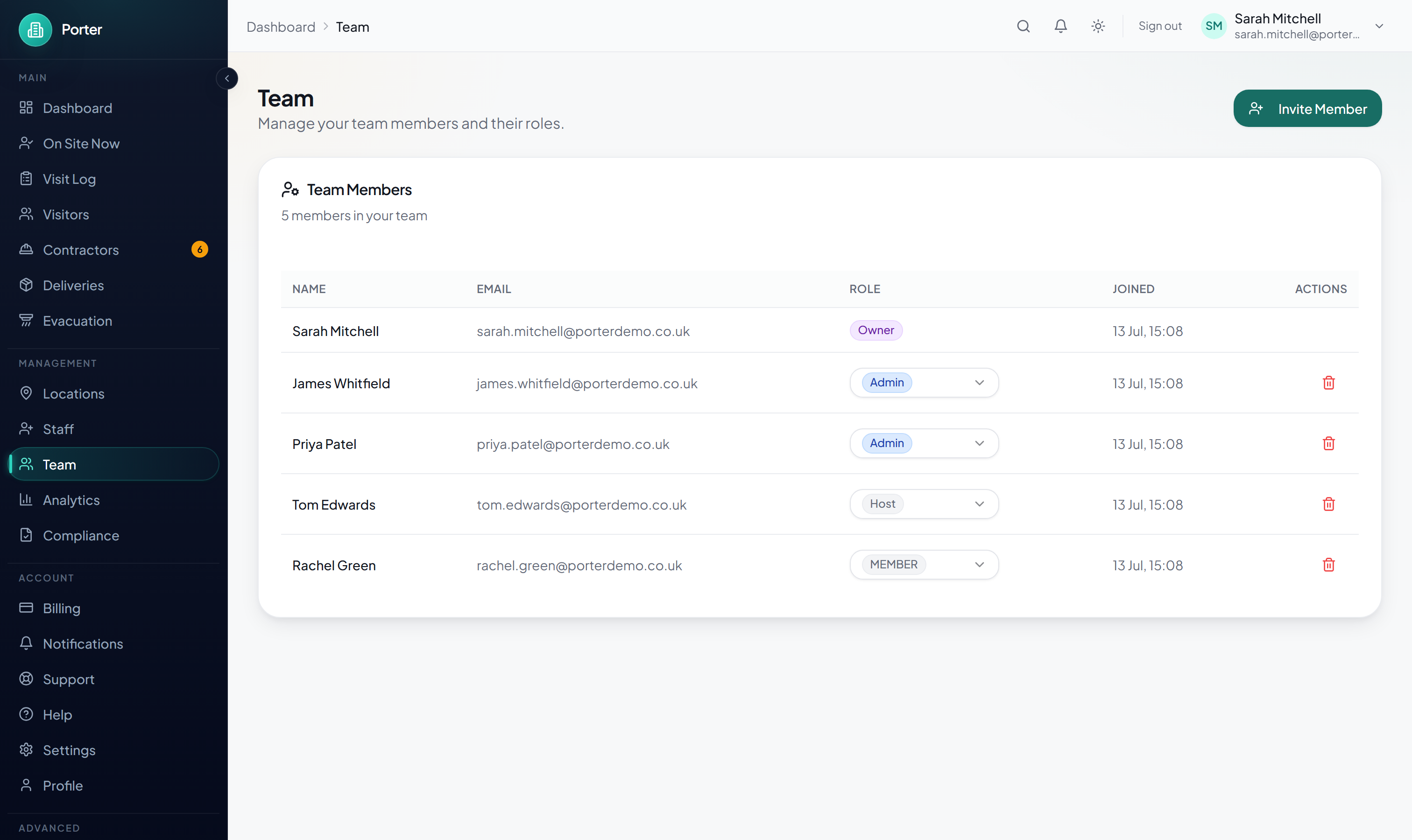 The Team members page showing members, their roles, and the invite action