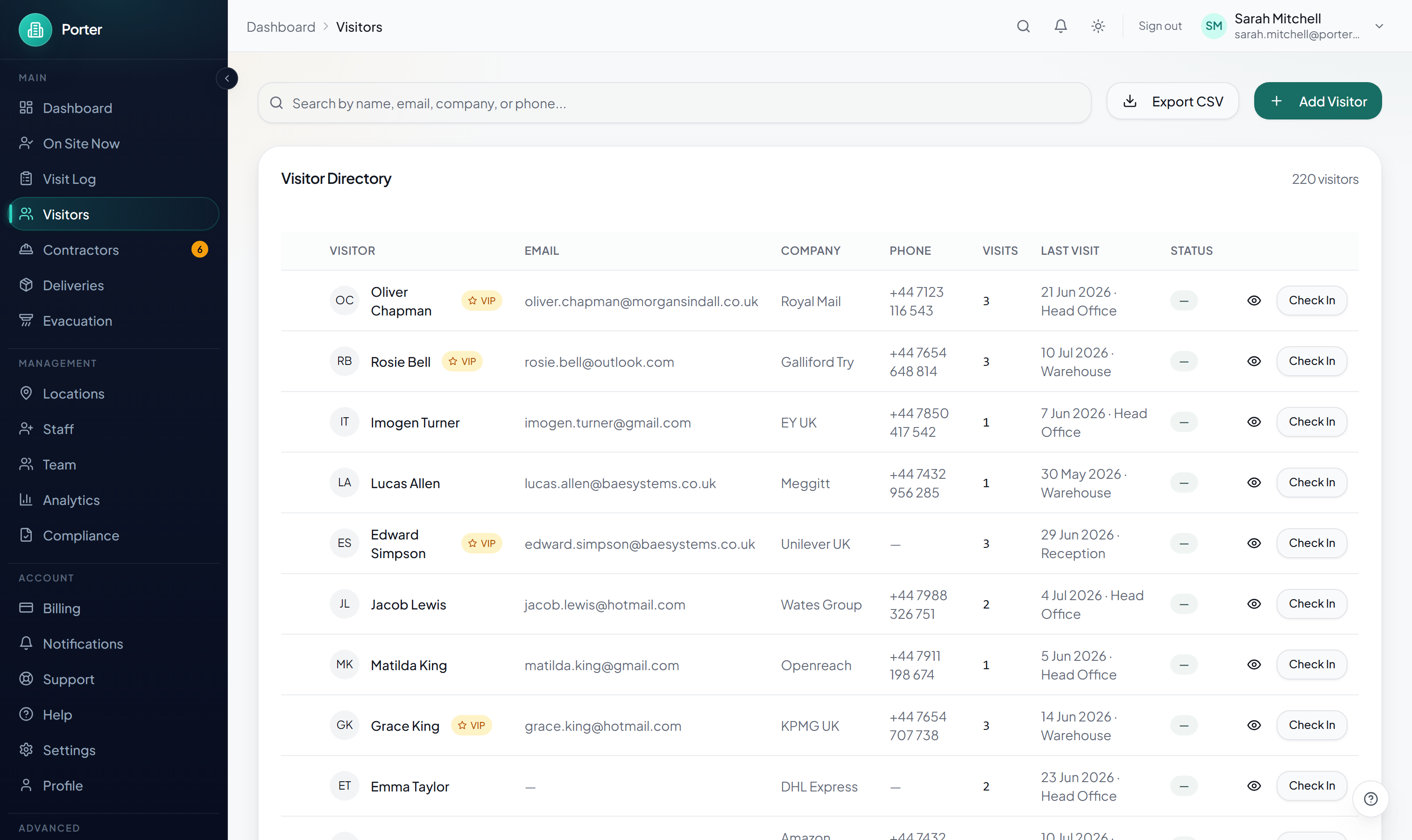 Visitor directory with a search box and a table of visitors showing company, visit count, last visit, and on-site status