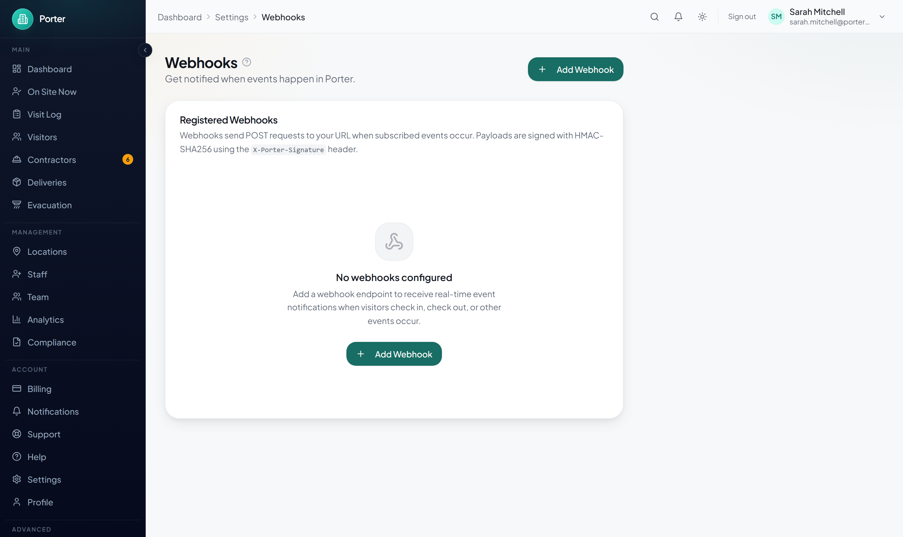 Porter Webhooks settings page showing a registered endpoint, its subscribed events, and controls to test, pause, and delete it